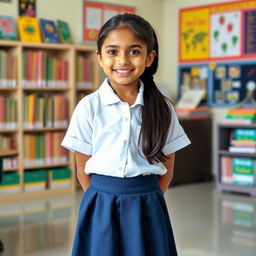 A cheerful Indian girl in a crisp school uniform, consisting of a white shirt and a navy blue skirt, paired with knee-length socks and polished black shoes