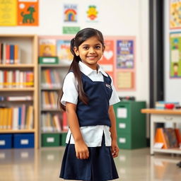 A cheerful Indian girl in a crisp school uniform, consisting of a white shirt and a navy blue skirt, paired with knee-length socks and polished black shoes