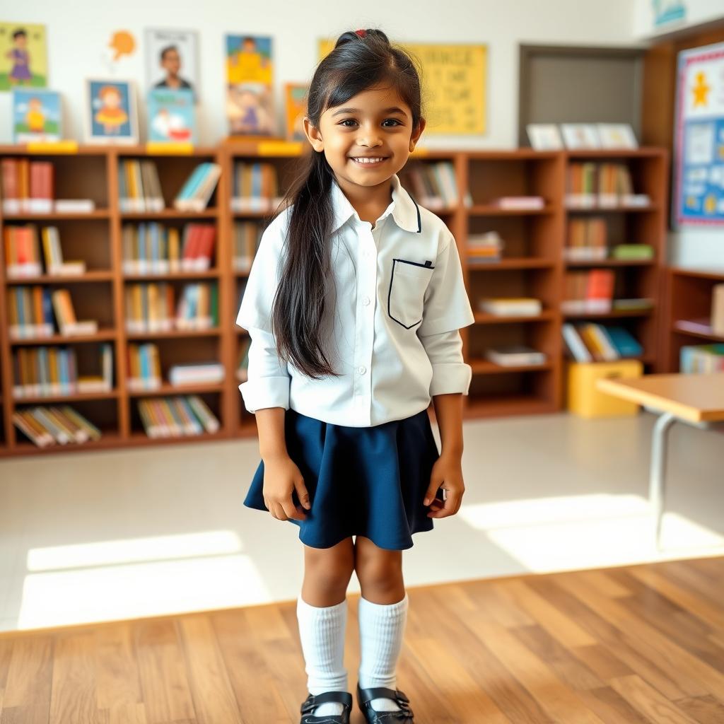 A cheerful Indian girl in a crisp school uniform, consisting of a white shirt and a navy blue skirt, paired with knee-length socks and polished black shoes