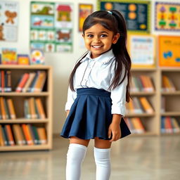 A cheerful Indian girl in a crisp school uniform, consisting of a white shirt and a navy blue skirt, paired with knee-length socks and polished black shoes