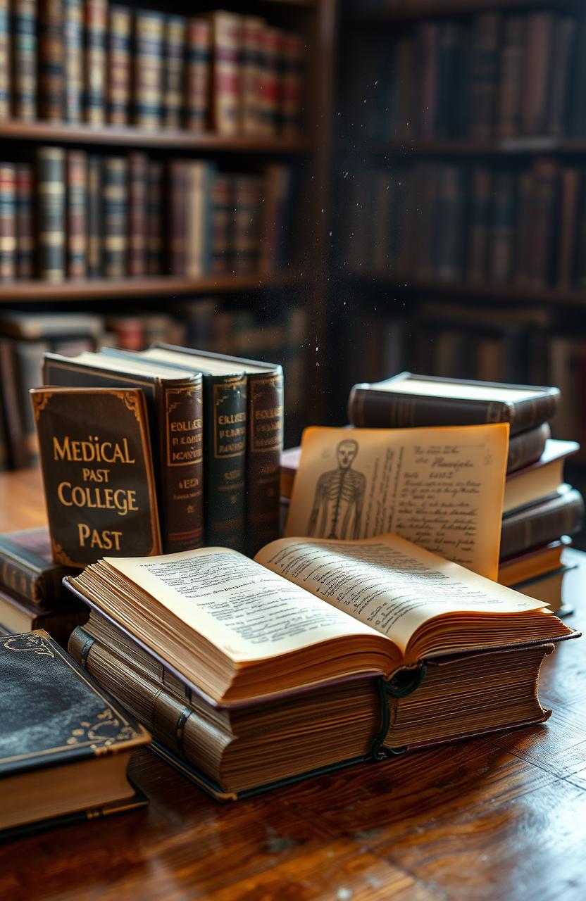 A collection of vintage medical college past paper books displayed on a wooden table