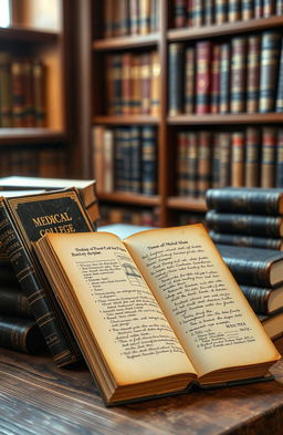 A collection of vintage medical college past paper books displayed on a wooden table