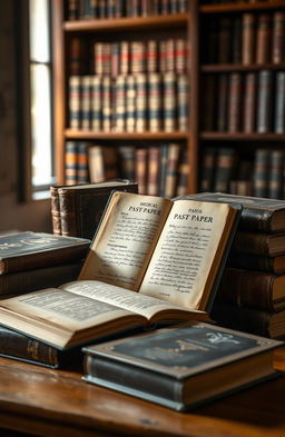 A collection of vintage medical college past paper books displayed on a wooden table