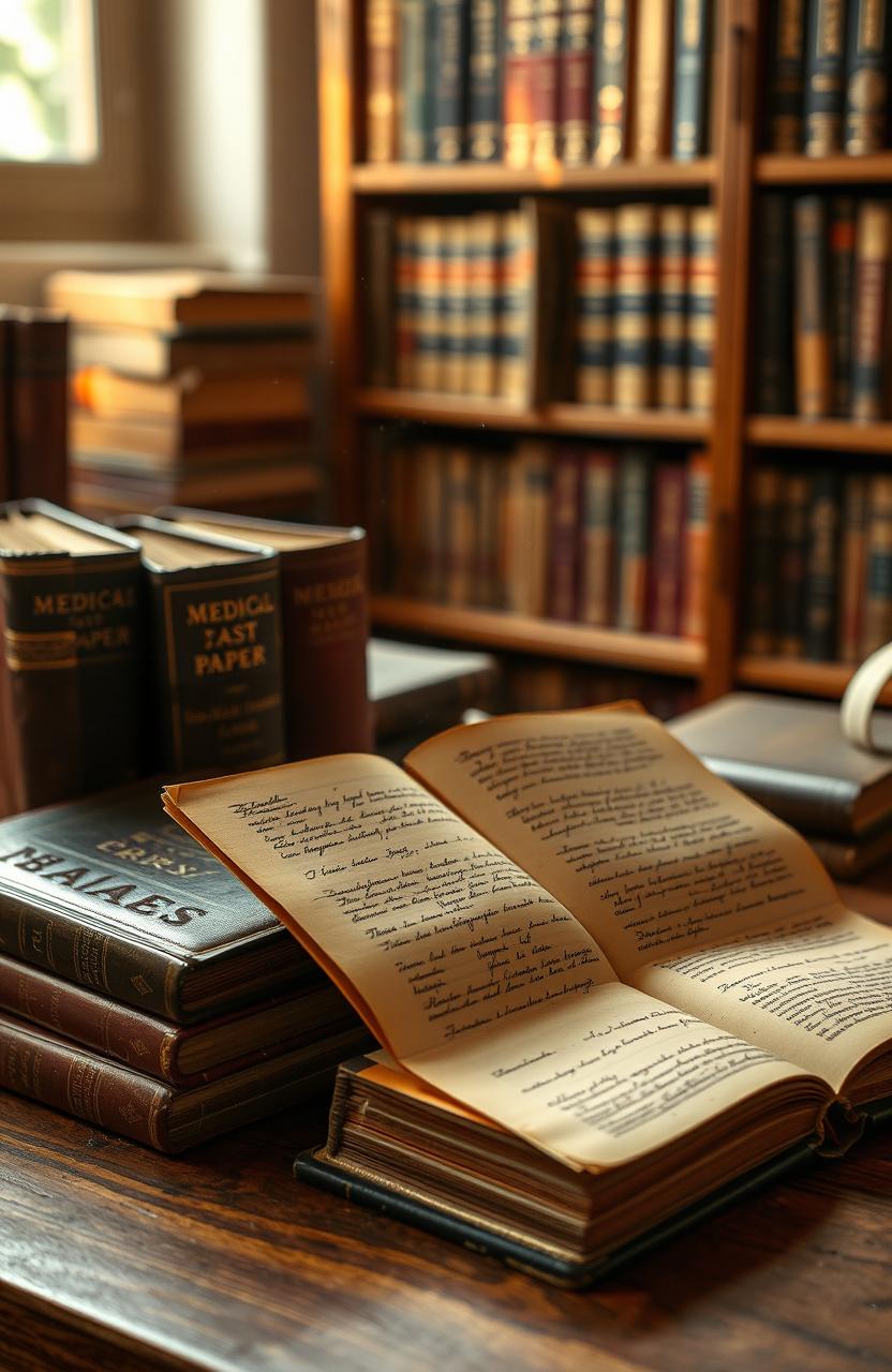 A collection of vintage medical college past paper books displayed on a wooden table