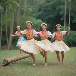 Tinikling dancers in traditional Philippine attire, gracefully hopping between bamboo poles, set against the backdrop of a rural community with lush tropical vegetation.