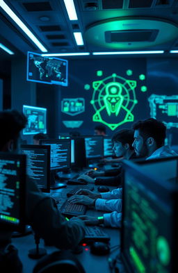 A futuristic cyber security scene, showcasing a group of diverse young professionals working intensely at high-tech computer stations