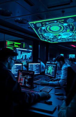 A futuristic cyber security scene, showcasing a group of diverse young professionals working intensely at high-tech computer stations