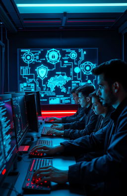 A futuristic cyber security scene, showcasing a group of diverse young professionals working intensely at high-tech computer stations