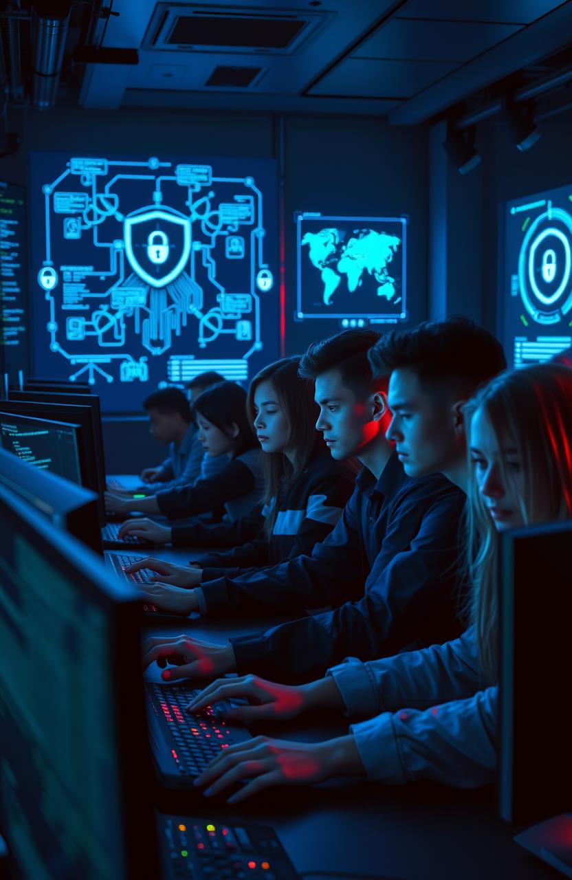 A futuristic cyber security scene, showcasing a group of diverse young professionals working intensely at high-tech computer stations