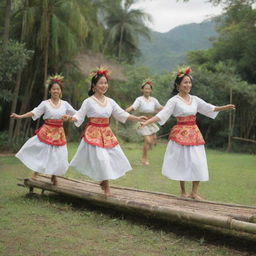 Tinikling dancers in traditional Philippine attire, gracefully hopping between bamboo poles, set against the backdrop of a rural community with lush tropical vegetation.