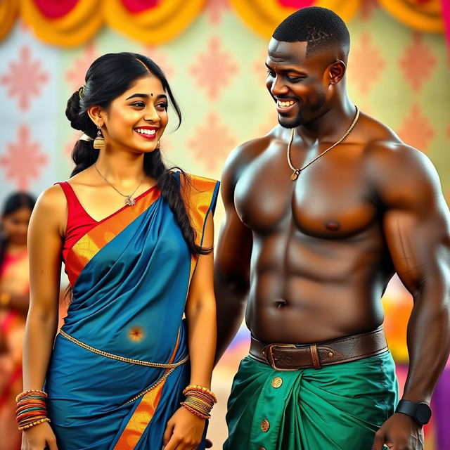 An Indian teenage girl wearing a low-waist saree and a sleeveless blouse, showcasing her fit figure