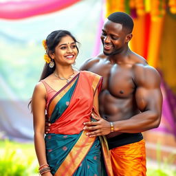 An Indian teenage girl wearing a low-waist saree and a sleeveless blouse, showcasing her fit figure