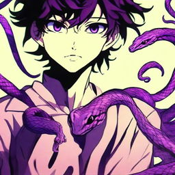 A striking image of a viper-inspired anime boy, his eyes and hair glowing in a surreal shade of purple. Accompanying him is a vibrant pet viper which shares the same luminescent purple hue, enhancing the allure of the dangerous yet captivating anime realm.