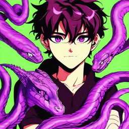 A striking image of a viper-inspired anime boy, his eyes and hair glowing in a surreal shade of purple. Accompanying him is a vibrant pet viper which shares the same luminescent purple hue, enhancing the allure of the dangerous yet captivating anime realm.