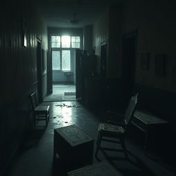 A haunting scene in a forgotten sanitorium, with a flickering light in the darkened corridor