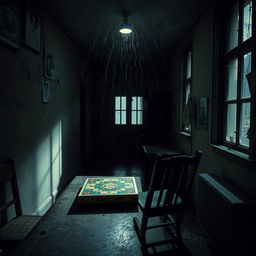 A haunting scene in a forgotten sanitorium, with a flickering light in the darkened corridor