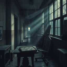 A haunting scene in a forgotten sanitorium, with a flickering light in the darkened corridor