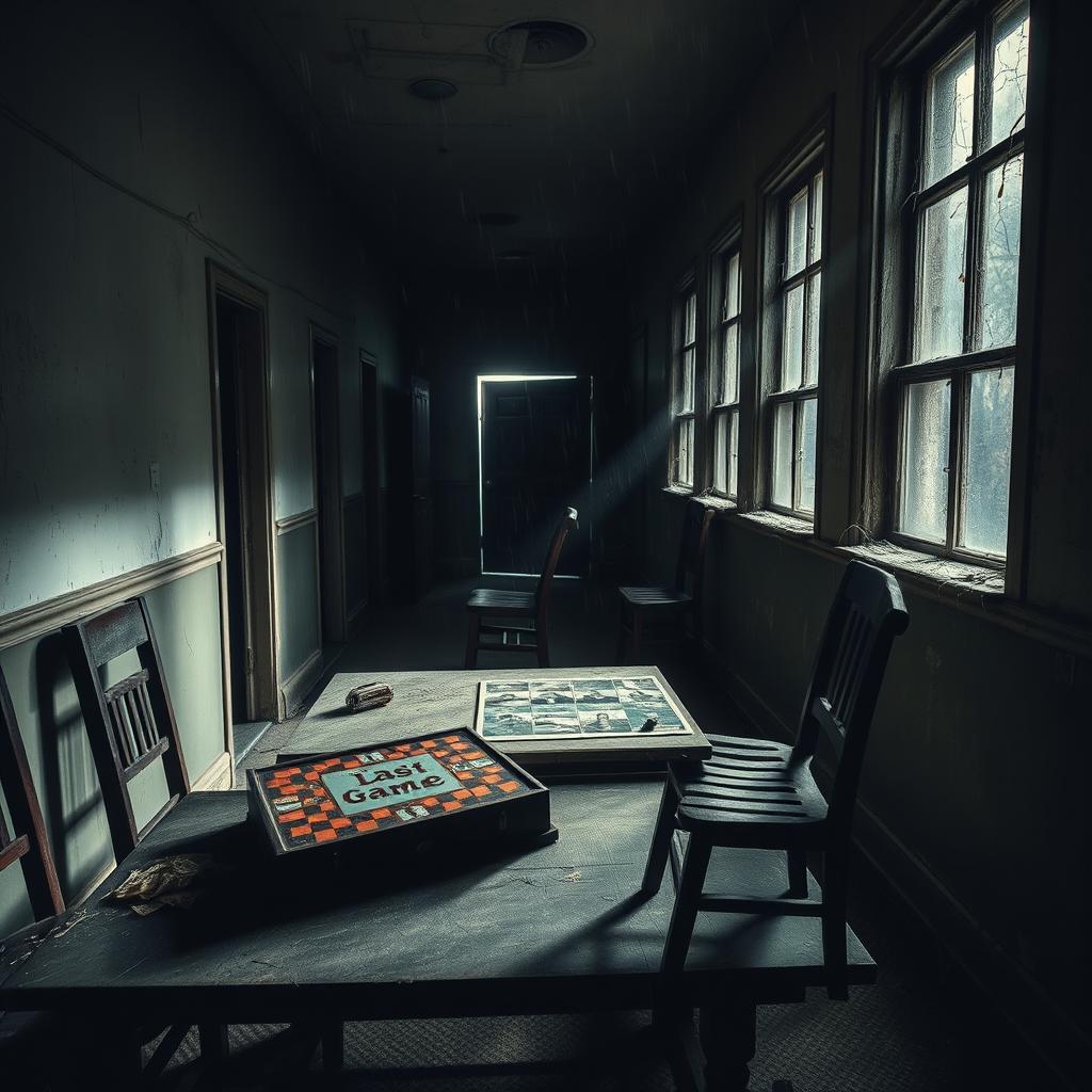 A haunting scene in a forgotten sanitorium, with a flickering light in the darkened corridor