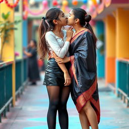 Two teenage girls sharing a sweet moment in a vibrant setting