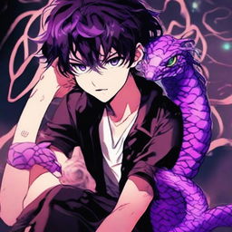 A striking image of a viper-inspired anime boy, his eyes and hair glowing in a surreal shade of purple. Accompanying him is a vibrant pet viper which shares the same luminescent purple hue, enhancing the allure of the dangerous yet captivating anime realm.