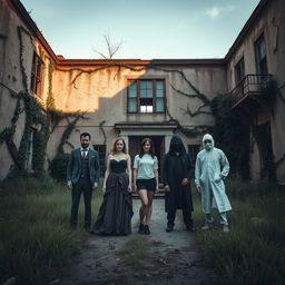 Five figures stand outside a decaying, abandoned sanatorium, showcasing a haunting yet intriguing atmosphere