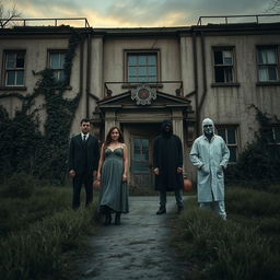 Five figures stand outside a decaying, abandoned sanatorium, showcasing a haunting yet intriguing atmosphere