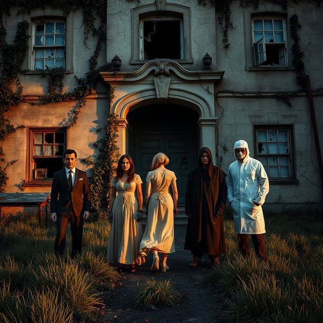 Five figures stand outside a decaying, abandoned sanatorium, showcasing a haunting yet intriguing atmosphere