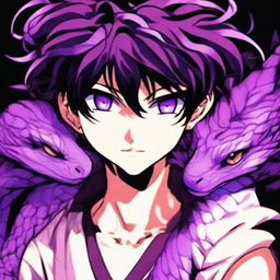 A striking image of a viper-inspired anime boy, his eyes and hair glowing in a surreal shade of purple. Accompanying him is a vibrant pet viper which shares the same luminescent purple hue, enhancing the allure of the dangerous yet captivating anime realm.