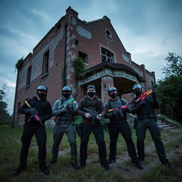 Five men dressed in tactical paintball gear, holding vibrant paintball guns, are gathered outside an eerie, abandoned sanatorium