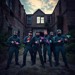 Five men dressed in tactical paintball gear, holding vibrant paintball guns, are gathered outside an eerie, abandoned sanatorium