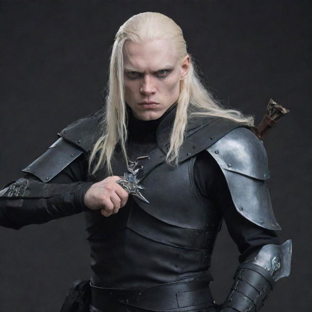 An albino assassin with long hair, dressed in black leather armor, wielding a handheld crossbow and a dagger.