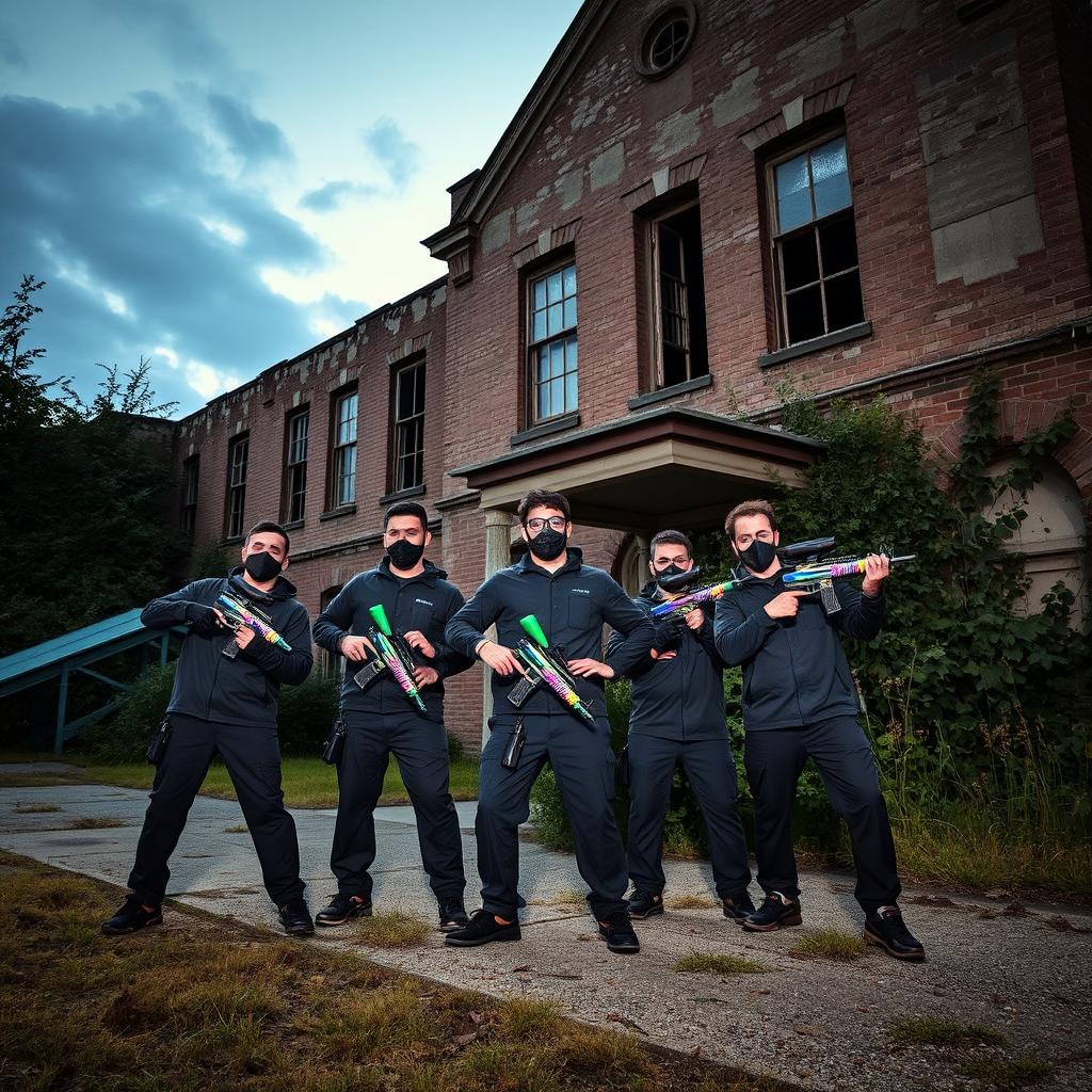 Five men dressed in tactical paintball gear, holding vibrant paintball guns, are gathered outside an eerie, abandoned sanatorium