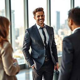 A charismatic man in a sharp suit, standing confidently in a modern office environment, engaging with clients