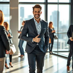 A charismatic man in a sharp suit, standing confidently in a modern office environment, engaging with clients