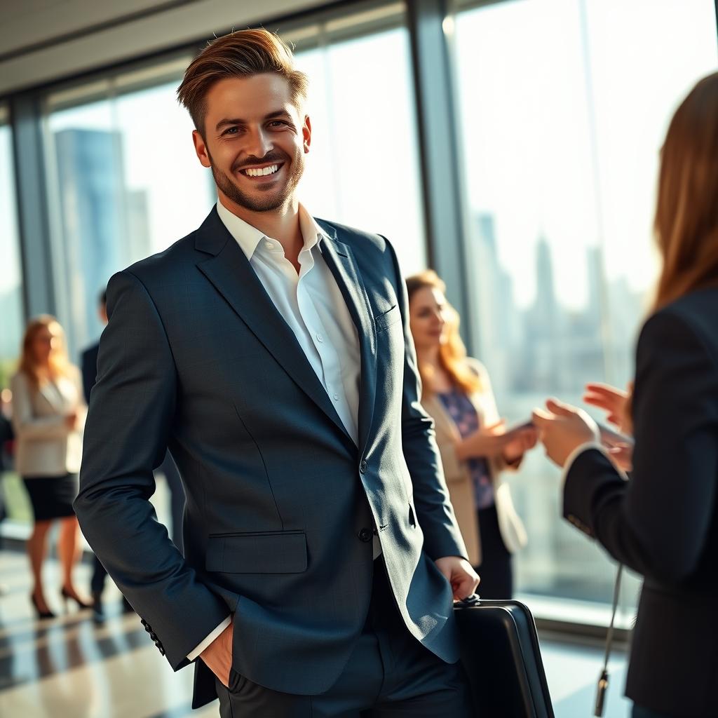 A charismatic man in a sharp suit, standing confidently in a modern office environment, engaging with clients