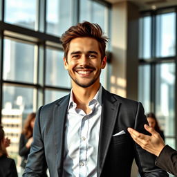 A charismatic man in a sharp suit, standing confidently in a modern office environment, engaging with clients