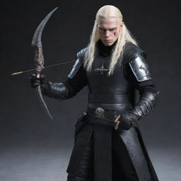 An albino assassin with long hair, dressed in black leather armor, wielding a handheld crossbow and a dagger.