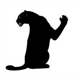 A silhouette of a jaguar sitting with its front paws raised, depicted in full body profile, entirely in solid black color against a stark white background