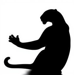 A silhouette of a jaguar sitting with its front paws raised, depicted in full body profile, entirely in solid black color against a stark white background