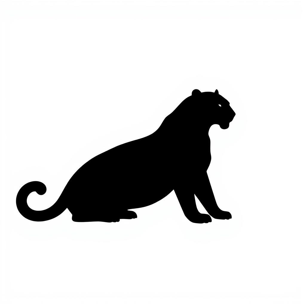 A silhouette of a jaguar sitting with its front paws raised, depicted in full body profile, entirely in solid black color against a stark white background