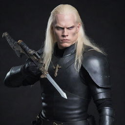 An albino assassin with long hair, dressed in black leather armor, wielding a handheld crossbow and a dagger.