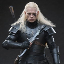 An albino assassin with long hair, dressed in black leather armor, wielding a handheld crossbow and a dagger.