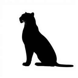 A silhouette of a jaguar sitting upright with its front paws raised, depicted in full body profile, entirely in solid black color against a stark white background