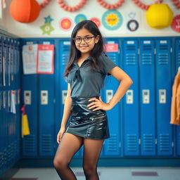 A stylish 14-year-old Indian school girl showcasing her confidence and fashion sense, wearing a black tight latex mini skirt paired with black tight stockings