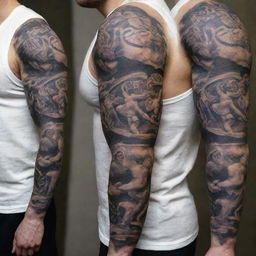 A full sleeve tattoo design, imbued with the symbol of war from ancient Greece. The prominent images are Greek boxing and Greco-Roman wrestling, intricately intertwined in the artwork.