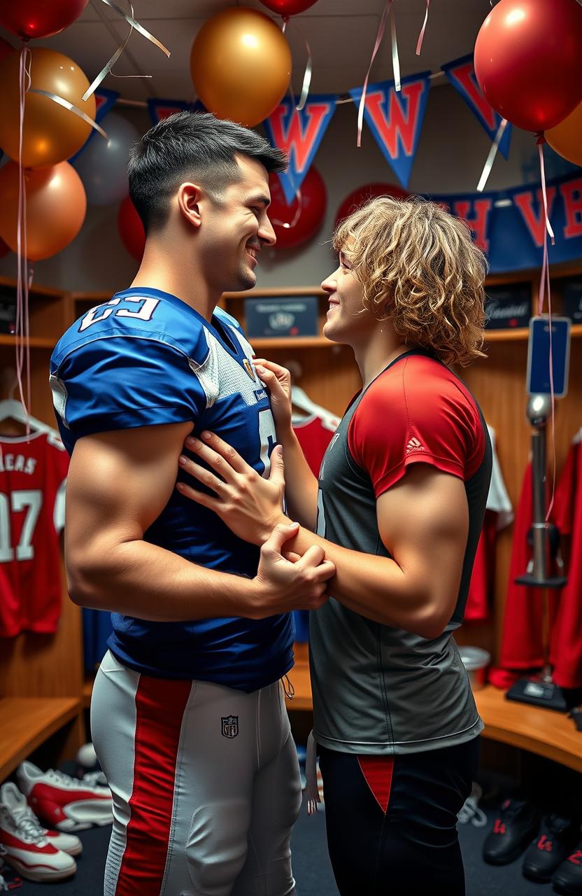 A passionate and romantic scene between two male athletes in a locker room after a victorious game