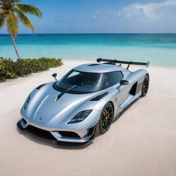 A sleek and shiny Koenigsegg Jesko supercar, colored in a radiant silver, parked beside a mesmerizing Maldivian beach with turquoise waters and white sand in the background.