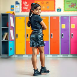 A stylish 12-year-old Indian school girl confidently posing in a black tight latex mini skirt that highlights her fashionable look