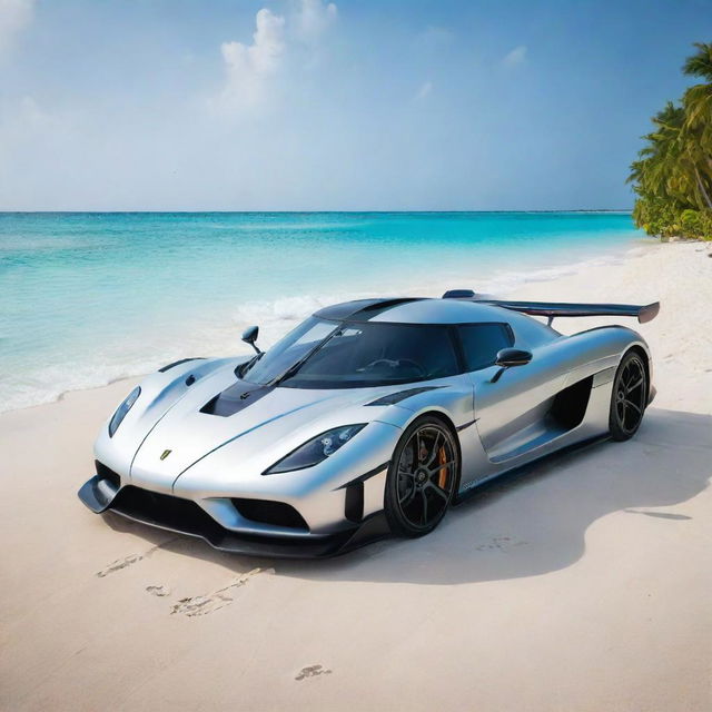 A sleek and shiny Koenigsegg Jesko supercar, colored in a radiant silver, parked beside a mesmerizing Maldivian beach with turquoise waters and white sand in the background.