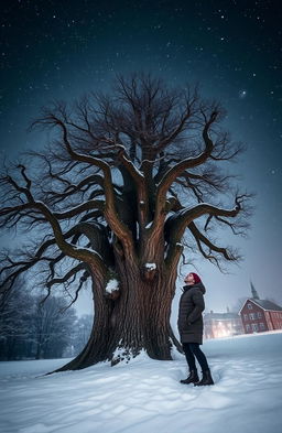 A winter night scene with a man standing beside a majestic oak tree, surrounded by a blanket of snow